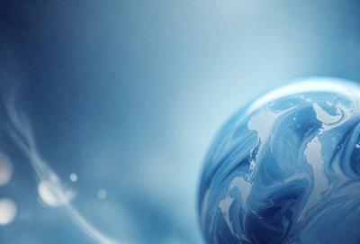 The primary subject of the image is a blue, swirling, and somewhat distorted globe. The setting is a blue background, which creates a striking contrast with the globe. The visual style appears to be a combination of a photo and digital art, as the globe has a slightly distorted and swirling appearance. The colors and mood of the image are predominantly blue, giving it a calm and serene atmosphere.