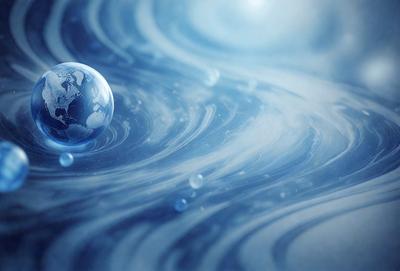 The primary subject of the image is a blue, swirling, and flowing water-like pattern. The setting is a blue background, which creates a visually striking contrast with the swirling pattern. The visual style is a combination of digital art and illustration, giving the image a unique and artistic appearance. The dominant colors are blue and white, creating a calming and serene atmosphere.