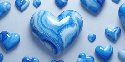The primary subject of the image is a heart-shaped blue glass piece. The heart is placed on a white surface, which serves as the setting or background. The visual style of the image is a combination of photo and digital art, as it appears to be a close-up of the heart, with a slightly blurred background. The colors and mood of the image are predominantly blue, creating a calm and serene atmosphere.