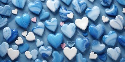 The primary subject of the image is a collection of blue hearts. These hearts are arranged in various positions, creating a visually appealing pattern. The setting is a blue background, which complements the blue hearts. The visual style of the image is a combination of digital art and illustration, as the hearts are carefully crafted and placed to create a cohesive design. The dominant colors in the image are blue, which creates a calm and soothing atmosphere.