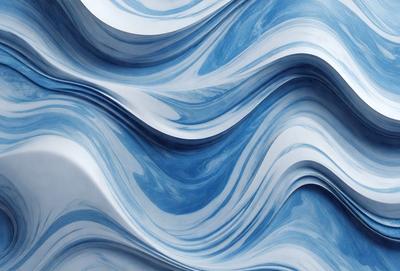 The primary subject of the image is a blue and white wave pattern, which appears to be a digital art or illustration. The setting is a white surface, possibly a wall or a piece of paper, on which the wave pattern is displayed. The visual style gives the impression of a water-like texture, and the dominant colors are blue and white, creating a calming and soothing atmosphere.