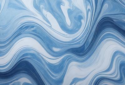 The primary subject of the image is a blue and white swirling pattern, which appears to be a painting or a digital artwork. The setting is a white wall, and the visual style is a combination of photo and digital art. The dominant colors are blue and white, creating a calming and soothing atmosphere.