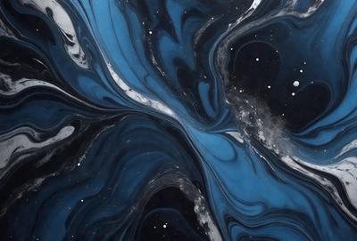 The primary subject of the image is a blue and black swirling pattern, which appears to be a painting or a digital artwork. The setting is a dark background, which contrasts with the swirling pattern. The visual style is a combination of painting and digital art, creating a unique and intriguing visual effect. The colors and mood of the image are predominantly dark and moody, with the blue and black swirls adding a sense of depth and complexity to the overall atmosphere.