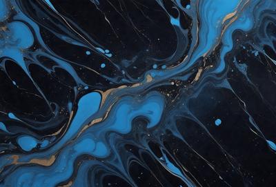 The primary subject of the image is a blue and gold swirling pattern, which appears to be a painting or a digital artwork. The setting is a black background, which contrasts with the vibrant colors of the swirling pattern. The visual style suggests that the image is a creative and artistic representation of the swirling pattern. The dominant colors are blue and gold, creating a sense of depth and richness in the artwork.