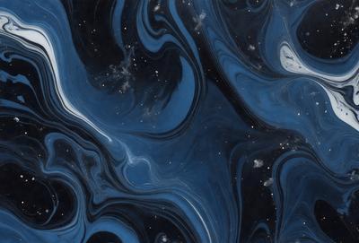 The primary subject of the image is a blue swirling pattern, which appears to be a digital art or illustration. The setting is a black background, and the visual style is a mix of digital art and illustration. The dominant colors are blue and black, creating a moody and dramatic atmosphere.