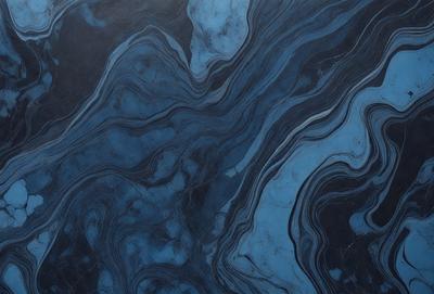 The primary subject of the image is a blue marble-like surface with a pattern of swirls and waves. The setting is a dark room, and the visual style appears to be a close-up of the marble surface. The colors and mood of the image are predominantly dark and moody, with the blue marble providing a striking contrast against the black background.