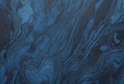 The primary subject of the image is a blue and black marbled pattern, which is the main object, scene, or focus of the image. The setting or background is a dark blue surface, which adds to the overall atmosphere of the image. The visual style of the image is a combination of photo and digital art, creating a unique and intricate pattern. The colors and mood of the image are predominantly dark and moody, with the blue and black marbled pattern creating a sense of depth and complexity.