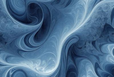 The primary subject of the image is a blue and white swirling pattern, which appears to be a digital art or illustration. The setting is a blue background, and the visual style is a combination of digital art and illustration. The dominant colors are blue and white, creating a calming and soothing atmosphere.