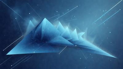 The primary subject of the image is a blue mountain with a snowy peak. The mountain is surrounded by a blue sky, and there are stars visible in the background. The visual style of the image is digital art, and the dominant colors are blue and white. The overall atmosphere of the image is serene and peaceful.