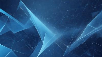 The primary subject of the image is a blue and white geometric pattern, which appears to be a digital art or illustration. The setting is a dark blue background, creating a contrasting and visually striking scene. The visual style is modern and futuristic, with the geometric pattern resembling a spacecraft or a futuristic building. The colors and mood of the image are predominantly dark and moody, with the blue background and geometric pattern creating a sense of depth and intrigue.