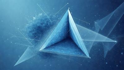 The primary subject of the image is a blue geometric shape, which appears to be a three-dimensional structure. The setting is a blue background, and the visual style is digital art. The dominant colors are blue and white, creating a calm and serene atmosphere.