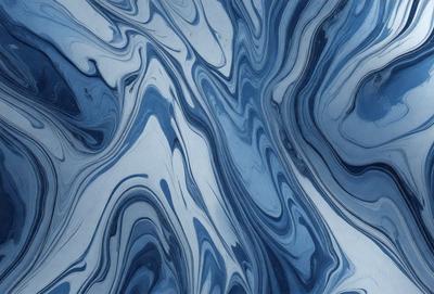 The primary subject of the image is a blue and white patterned surface, which appears to be a piece of art or a decorative item. The setting is a room with a blue wall, and the visual style is a combination of digital art and illustration. The dominant colors in the image are blue and white, creating a calm and soothing atmosphere.