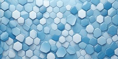 The primary subject of the image is a blue and white patterned surface, which appears to be a tile or a wall with hexagonal shapes. The setting is a blue background, and the visual style is a close-up of the patterned surface. The colors and mood of the image are predominantly blue and white, creating a clean and modern atmosphere.