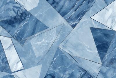 The primary subject of the image is a blue marble tile with a pattern of white and blue diamond shapes. The setting is a bathroom, as indicated by the presence of the marble tile. The visual style is a combination of digital art and illustration, creating a unique and eye-catching design. The dominant colors are blue and white, giving the image a clean and modern appearance.