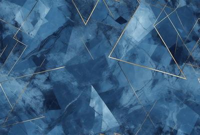 The primary subject of the image is a blue and gold patterned wallpaper. The setting is a room with a blue and gold wallpapered wall. The visual style is a patterned wallpaper, which gives the room a unique and elegant appearance. The dominant colors are blue and gold, creating a sophisticated and luxurious atmosphere.