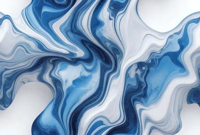 The primary subject of the image is a blue and white artistic design, possibly a painting or a digital artwork. The setting is a white background, which provides a clean and minimalist appearance. The visual style is a combination of digital art and painting, creating a unique and intricate pattern. The dominant colors are blue and white, which evoke a sense of calmness and tranquility.