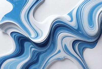 The primary subject of the image is a blue and white patterned wallpaper. The setting is a white wall, and the visual style is a digital art or illustration. The dominant colors are blue and white, creating a calm and soothing atmosphere.