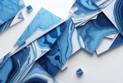 The primary subject of the image is a blue and white marble-like pattern. The setting is a white background, which provides a clean and minimalist appearance. The visual style is a combination of digital art and illustration, creating a unique and artistic representation of the marble pattern. The dominant colors are blue and white, giving the image a calm and serene atmosphere.