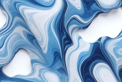 The primary subject of the image is a blue and white patterned surface, which appears to be a marbled or textured material. The setting is a white background, which contrasts with the blue and white pattern. The visual style of the image is a combination of photo and digital art, creating a unique and intricate design. The colors and mood of the image are predominantly blue and white, with a sense of depth and complexity.