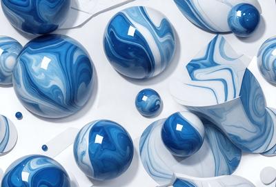The primary subject of the image is a collection of blue and white glass balls. The setting is a white background, which provides a clean and minimalist look. The visual style is a combination of photo and digital art, creating a realistic yet artistic representation of the glass balls. The colors and mood of the image are predominantly blue and white, giving it a calm and serene atmosphere.