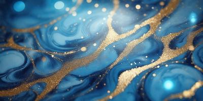 The primary subject of the image is a blue and gold swirling pattern, which appears to be a digital art or illustration. The setting is a blue background, and the visual style is a combination of digital art and illustration. The dominant colors are blue and gold, creating a vibrant and lively atmosphere.