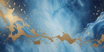 The primary subject of the image is a painting of a blue ocean with gold and brown splashes. The setting is a blue background, and the visual style appears to be a digital art or illustration. The dominant colors are blue, gold, and brown, creating a serene and calming atmosphere.