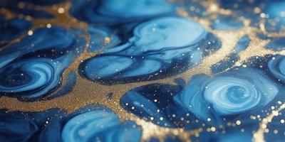 The primary subject of the image is a blue and gold swirling pattern, which appears to be a painting or a digital artwork. The setting is a blue background, and the visual style is a combination of photo and digital art. The dominant colors are blue and gold, creating a vibrant and lively atmosphere.