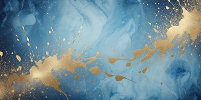 The primary subject of the image is a painting of a blue and gold background with a splash of gold paint. The setting is a blue and gold background, and the visual style is a painting. The dominant colors are blue and gold, creating a calm and serene atmosphere.