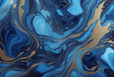The primary subject of the image is a blue and gold swirling pattern, which appears to be a painting or a digital artwork. The setting is a blue and gold background, which complements the artwork. The visual style is a mix of digital art and painting, creating a unique and eye-catching design. The dominant colors are blue and gold, giving the artwork a vibrant and lively atmosphere.