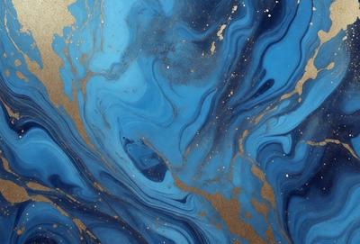 The primary subject of the image is a blue and gold swirling pattern, which appears to be a painting or a digital artwork. The setting is a blue background, and the visual style is a mix of digital art and painting. The dominant colors are blue and gold, creating a vibrant and lively atmosphere.