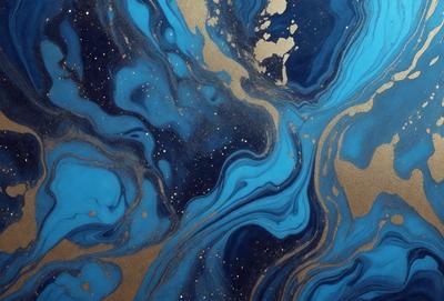 The primary subject of the image is a blue and gold swirling pattern, which appears to be a painting or a digital artwork. The setting is a blue background, and the visual style is a combination of digital art and painting. The dominant colors are blue and gold, creating a vibrant and lively atmosphere.