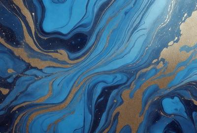 The primary subject of the image is a blue and gold swirling pattern, which appears to be a painting or a digital artwork. The setting is a blue background, and the visual style is a combination of photo and digital art. The dominant colors are blue and gold, creating a vibrant and lively atmosphere.