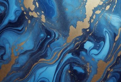 The primary subject of the image is a blue and gold swirling pattern, which appears to be a painting or a digital artwork. The setting is a blue and gold background, which complements the artwork. The visual style is a mix of digital art and painting, creating a unique and eye-catching piece. The dominant colors are blue and gold, giving the artwork a vibrant and luminous atmosphere.