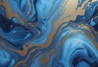 The primary subject of the image is a blue and gold swirling pattern, which appears to be a painting or a digital artwork. The setting is a blue and gold background, which complements the artwork. The visual style is a mix of digital art and painting, creating a unique and eye-catching design. The colors and mood of the image are predominantly blue and gold, giving it a warm and inviting atmosphere.
