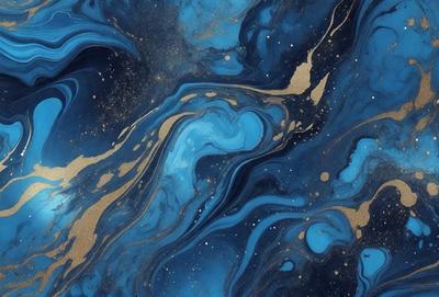 The primary subject of the image is a blue and gold swirling pattern, which appears to be a painting or a digital artwork. The setting is a blue and gold background, which complements the artwork. The visual style is a mix of digital art and painting, creating a unique and captivating visual experience. The dominant colors are blue and gold, giving the artwork a rich and vibrant atmosphere.