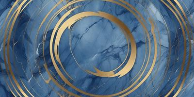 The primary subject of the image is a gold circle with a blue background. The setting is a marble surface, and the visual style appears to be a combination of digital art and illustration. The dominant colors are gold and blue, creating a sense of elegance and sophistication.