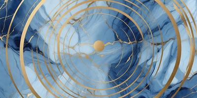 The primary subject of the image is a gold circle with a blue background. The circle is located in the center of the image, and it appears to be the focal point. The setting is a marbled surface, which adds a sense of depth and texture to the scene. The visual style of the image is a combination of digital art and illustration, creating a unique and eye-catching design. The dominant colors in the image are gold and blue, which evoke a sense of luxury and sophistication.