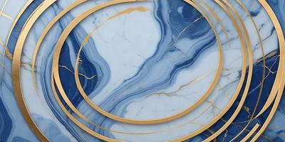 The primary subject of the image is a blue marble table with a gold ring around it. The table is set on a blue marble surface, which adds to the overall visual style of the image. The colors and mood of the image are predominantly blue and gold, creating a sense of luxury and elegance.
