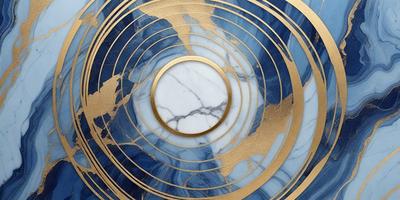 The primary subject of the image is a decorative plate with a gold circle in the center. The plate is made of marble and features a blue and gold color scheme. The setting is indoors, with the plate placed on a table. The visual style is a combination of photo and digital art, creating a unique and eye-catching design. The colors and mood of the image are elegant and sophisticated, with the gold circle and blue marble creating a sense of luxury and refinement.