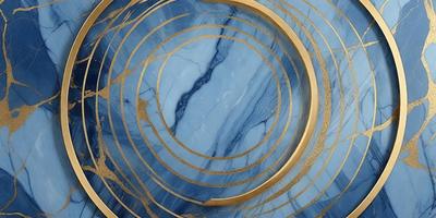 The primary subject of the image is a blue marble table with a gold ring on top. The table is set against a blue background, and the overall atmosphere is elegant and sophisticated. The visual style appears to be a combination of photo and digital art, creating a unique and eye-catching design.