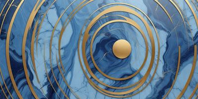 The primary subject of the image is a gold circle with a blue background. The circle is placed on a blue marble surface, which adds a sense of depth and sophistication to the scene. The visual style of the image is a combination of photo and digital art, creating a unique and eye-catching design. The colors and mood of the image are predominantly blue and gold, giving it a warm and inviting atmosphere.