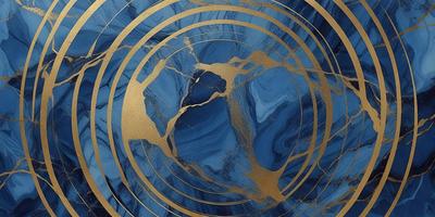 The primary subject of the image is a blue and gold marbled surface, which appears to be a piece of art or a decorative item. The setting is a room with a blue wall, and the visual style is a combination of digital art and illustration. The dominant colors are blue and gold, creating a rich and luxurious atmosphere.
