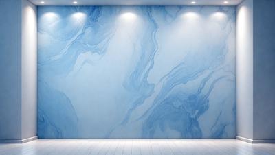 The primary subject of the image is a large, blue, marbled wall. The setting is a room with a white floor, and the visual style is a photo. The dominant colors are blue and white, creating a calm and serene atmosphere.