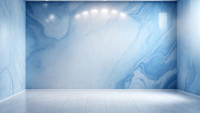 The primary subject of the image is a large, blue marble wall with a patterned design. The setting is a room with a white floor, and the visual style appears to be a photo. The dominant colors are blue and white, creating a calm and serene atmosphere.