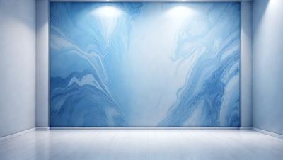The primary subject of the image is a large, blue, swirling wall mural. The setting is a white room with a hardwood floor. The visual style is a digital art or illustration, creating a vibrant and dynamic atmosphere. The dominant colors are blue and white, with the blue mural being the main focus of the scene.