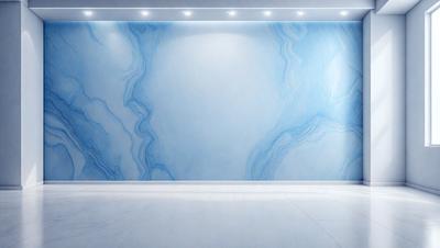 The primary subject of the image is a blue and white marble wall. The setting is a room with a white floor, and the visual style is a photo. The dominant colors are blue and white, creating a calm and serene atmosphere.