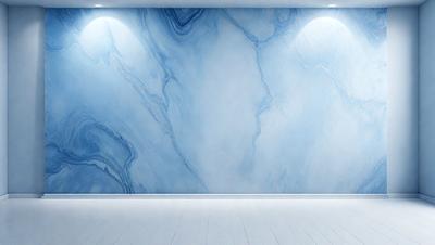 The primary subject of the image is a large, blue marble wall with a patterned design. The setting is a white room with a clean and minimalist appearance. The visual style is a combination of a photo and digital art, creating a unique and eye-catching design. The dominant colors are blue and white, giving the wall a modern and sophisticated look.