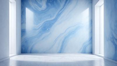 The primary subject of the image is a large, blue marble wall. The setting is a room with a white floor, and the visual style is a photo. The dominant colors are blue and white, creating a calm and serene atmosphere.