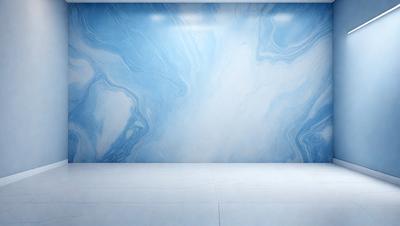 The primary subject of the image is a large, blue, marbled wall. The setting is a white room with a clean, minimalist appearance. The visual style is a photo, capturing the intricate details of the marbled wall. The dominant colors are blue and white, creating a calm and serene atmosphere.