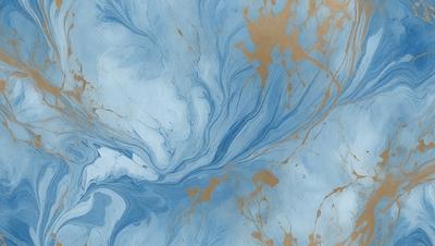 The primary subject of the image is a blue and gold swirling pattern, which appears to be a painting or a digital artwork. The setting is a blue background, and the visual style is a combination of photo and digital art. The dominant colors are blue and gold, creating a vibrant and lively atmosphere.